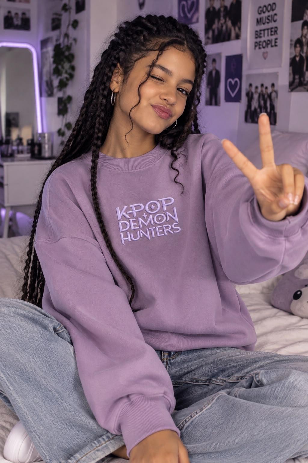 Girls purple K-Pop Demon Hunters sweatshirt front view