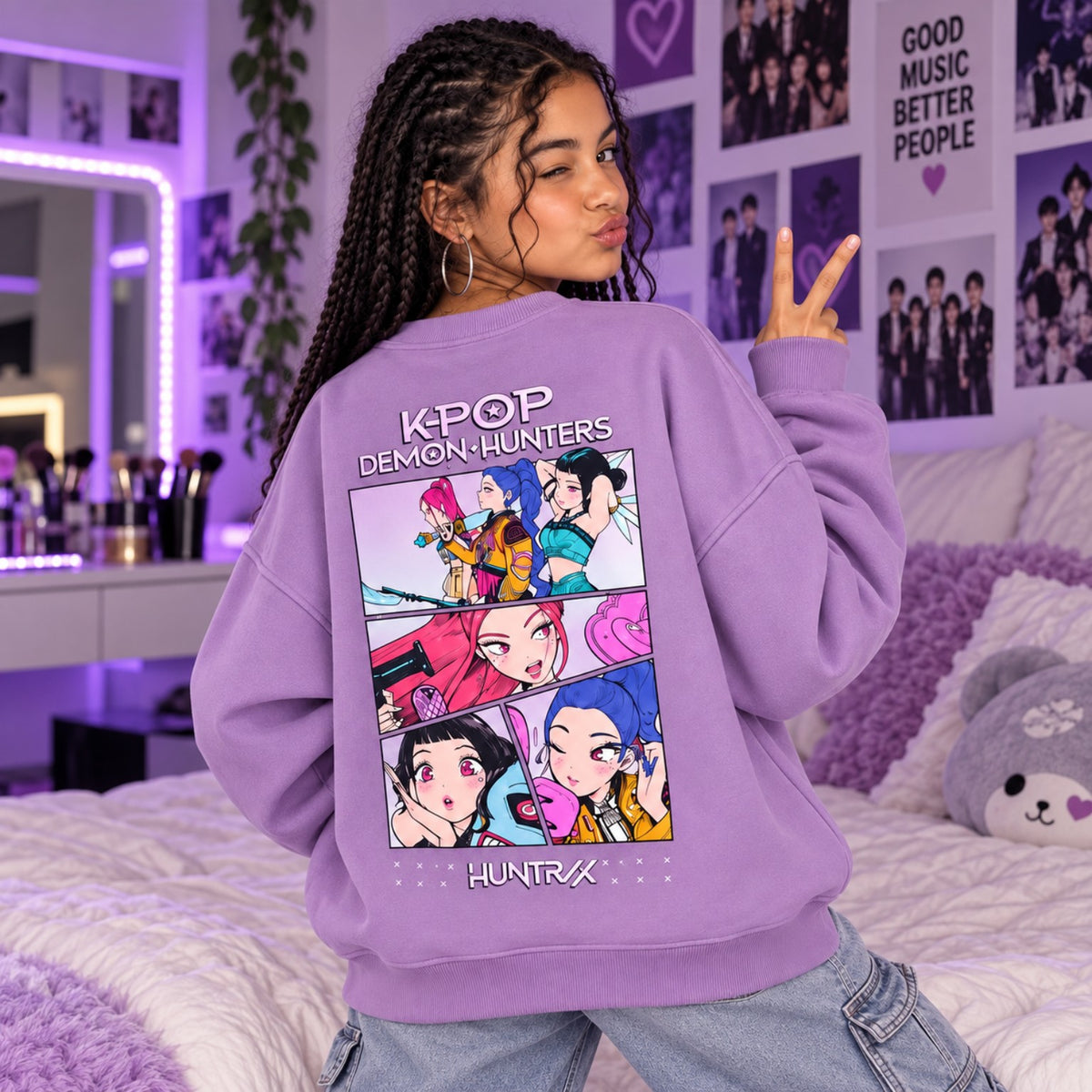 Girls purple K-Pop Demon Hunters oversized sweatshirt back view