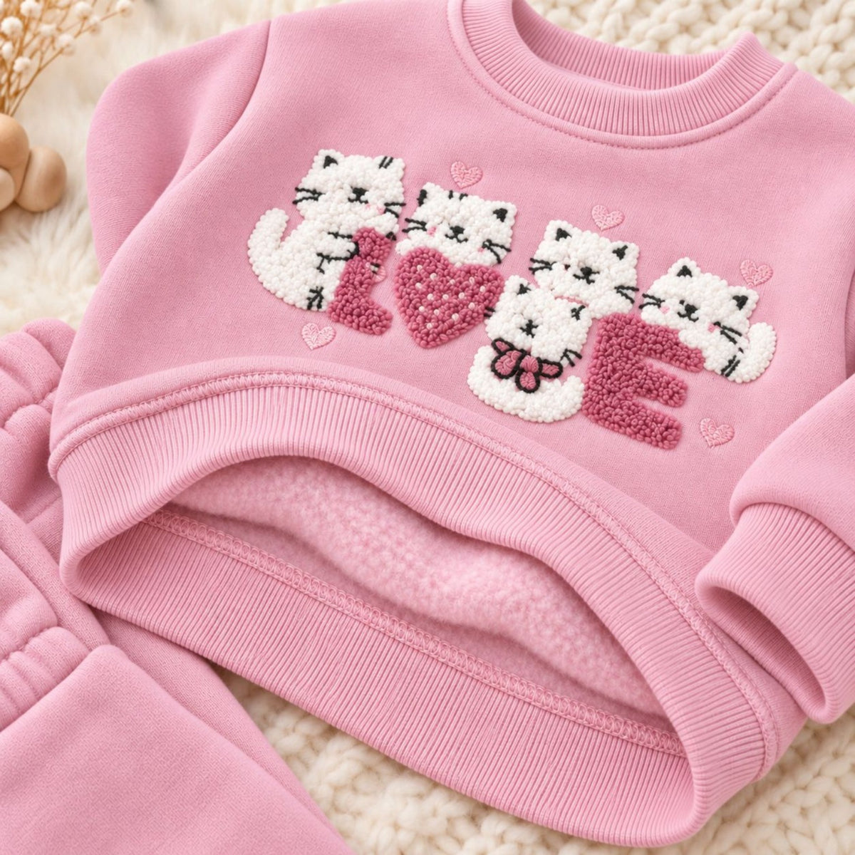 Detail of raised fluffy LOVE cats graphic and warm fleece lining
