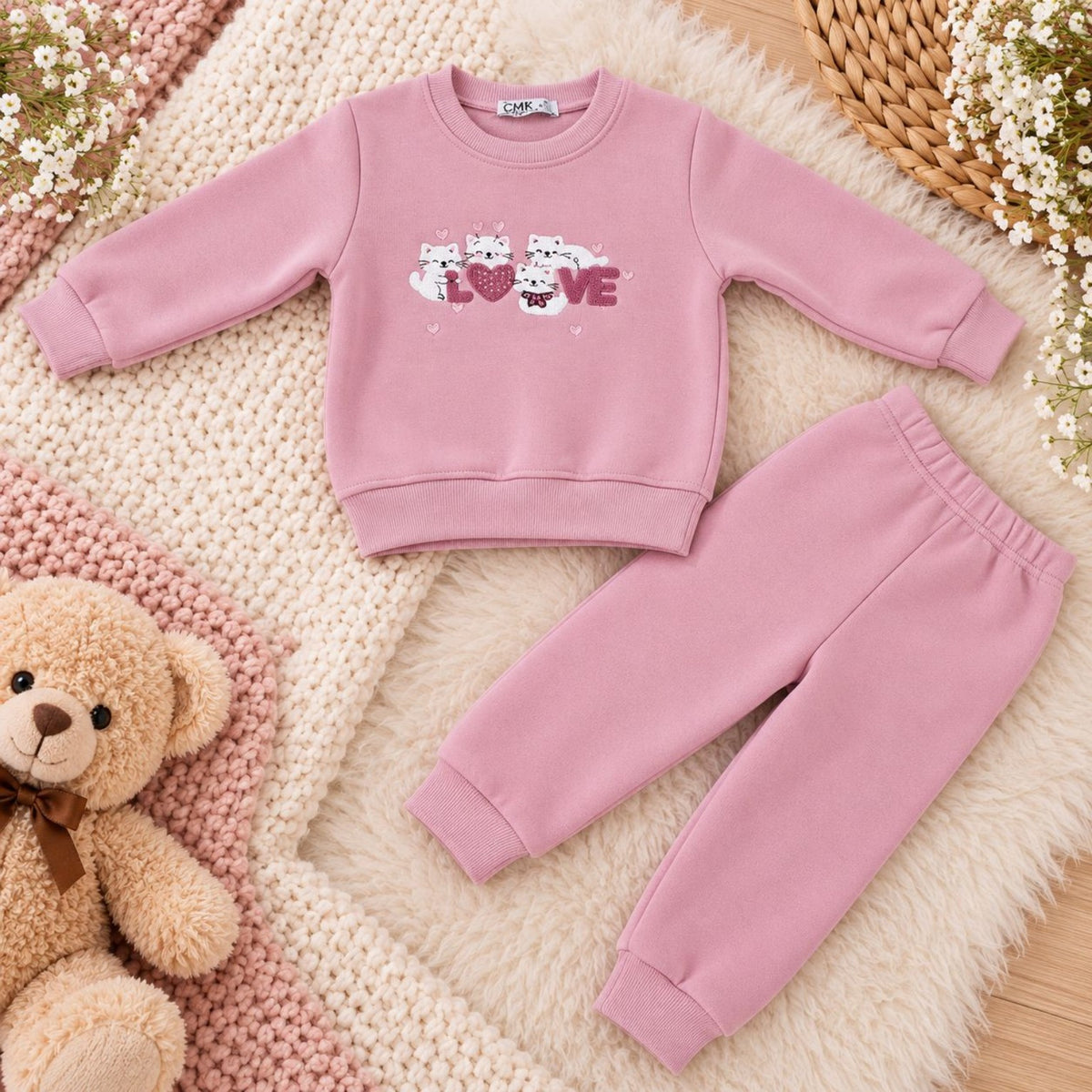 Girls Love Cats pink fleece sweatshirt and joggers flat lay