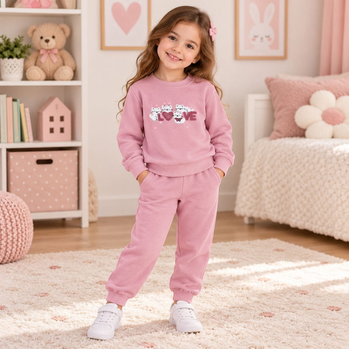 Girls Love Cats warm fleece outfit two piece set worn by girl