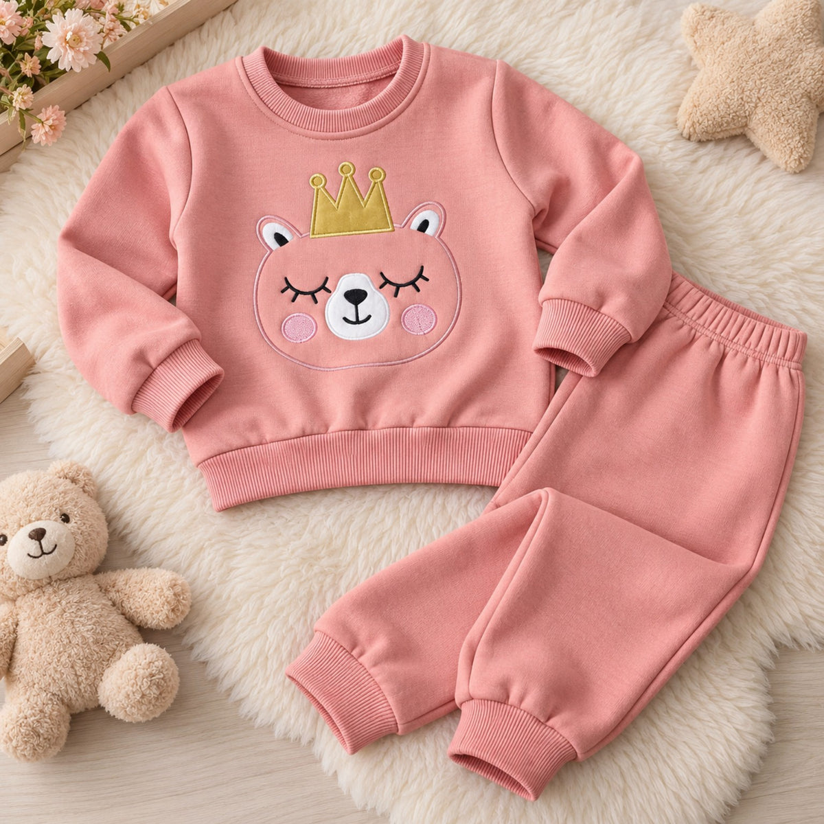 Pink Princess Bear fleece two-piece set laid flat