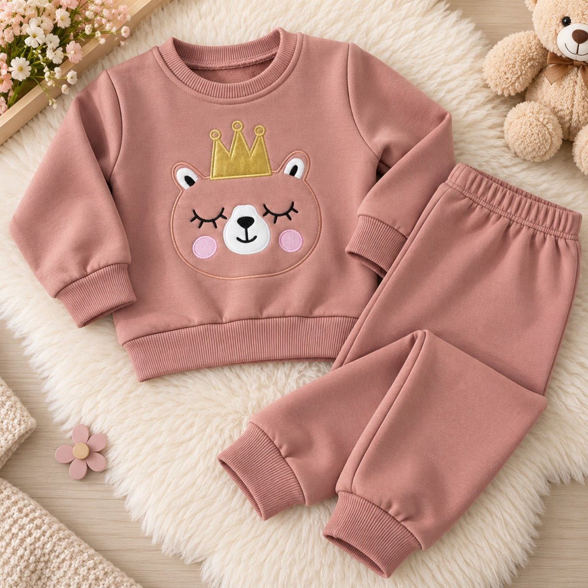 Pink Princess Bear fleece outfit embroidered design and pants