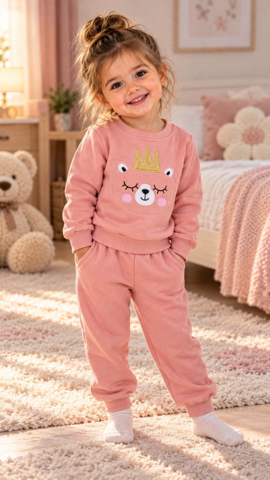 Girls pink princess bear fleece outfit modeled by young girl