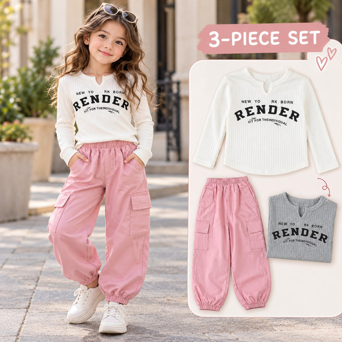 Girls 3-piece outfit with pink cargo trousers, white RENDER top and matching grey top