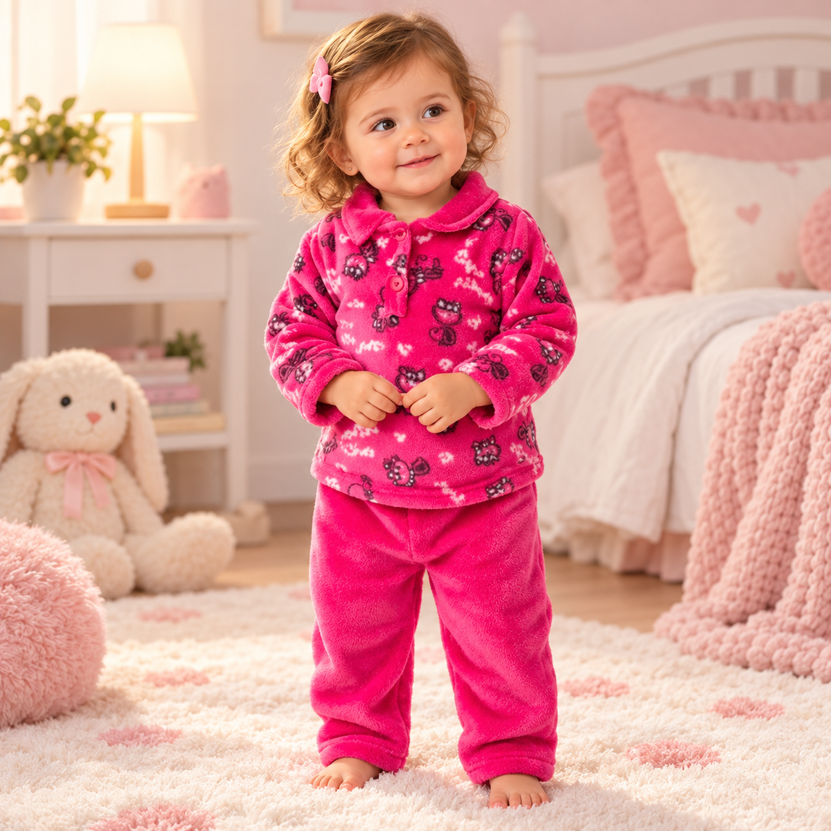 Girls warm fuchsia kitty pajama set on toddler in bedroom