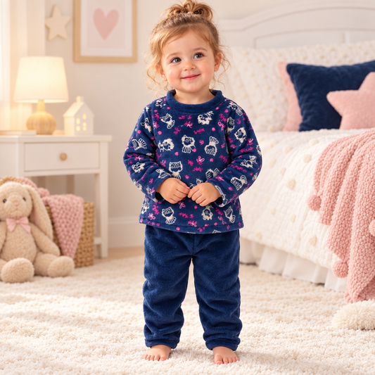 Girls warm navy kitty pajama set on toddler in bedroom
