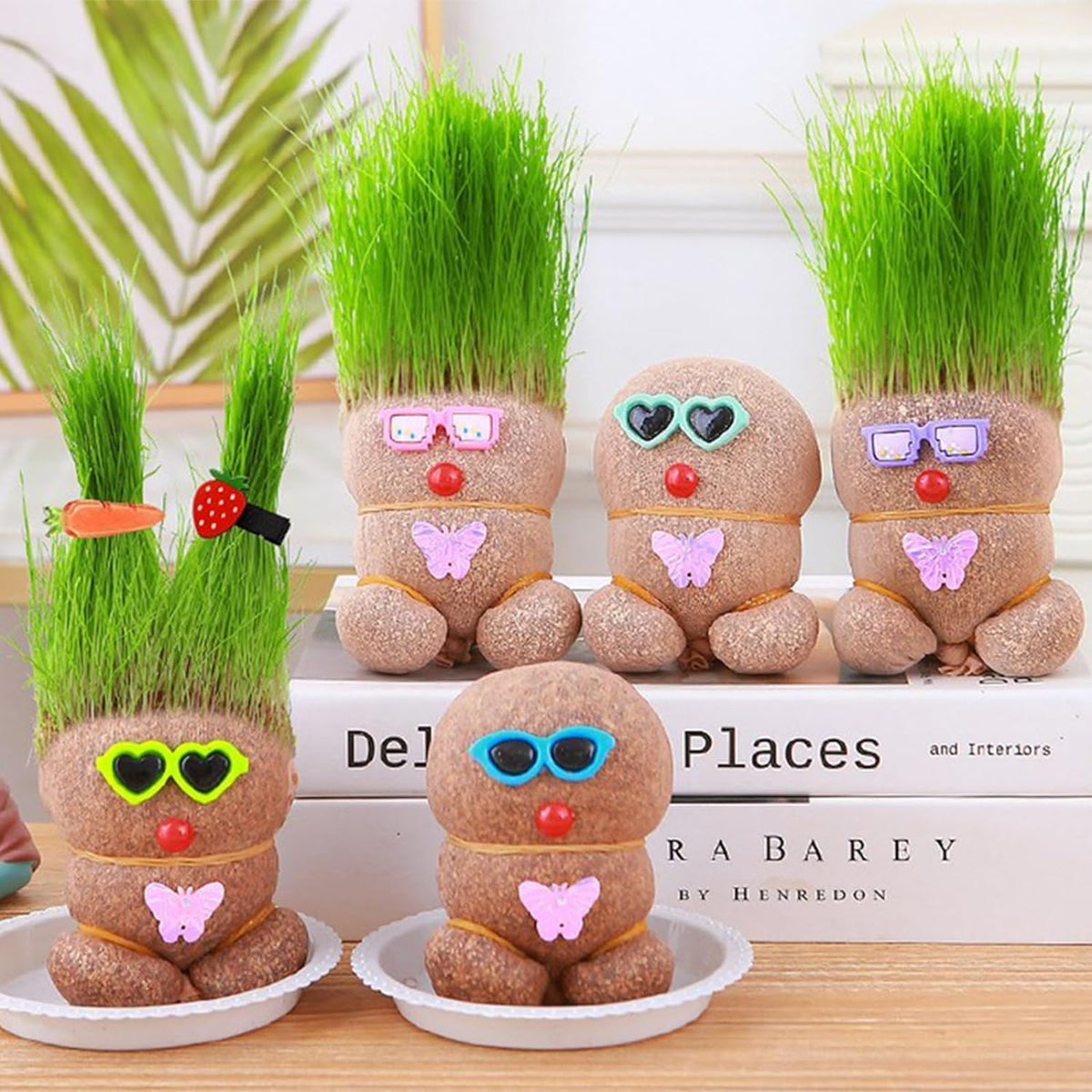 Grass Head Dolls with colorful sunglasses and grown grass
