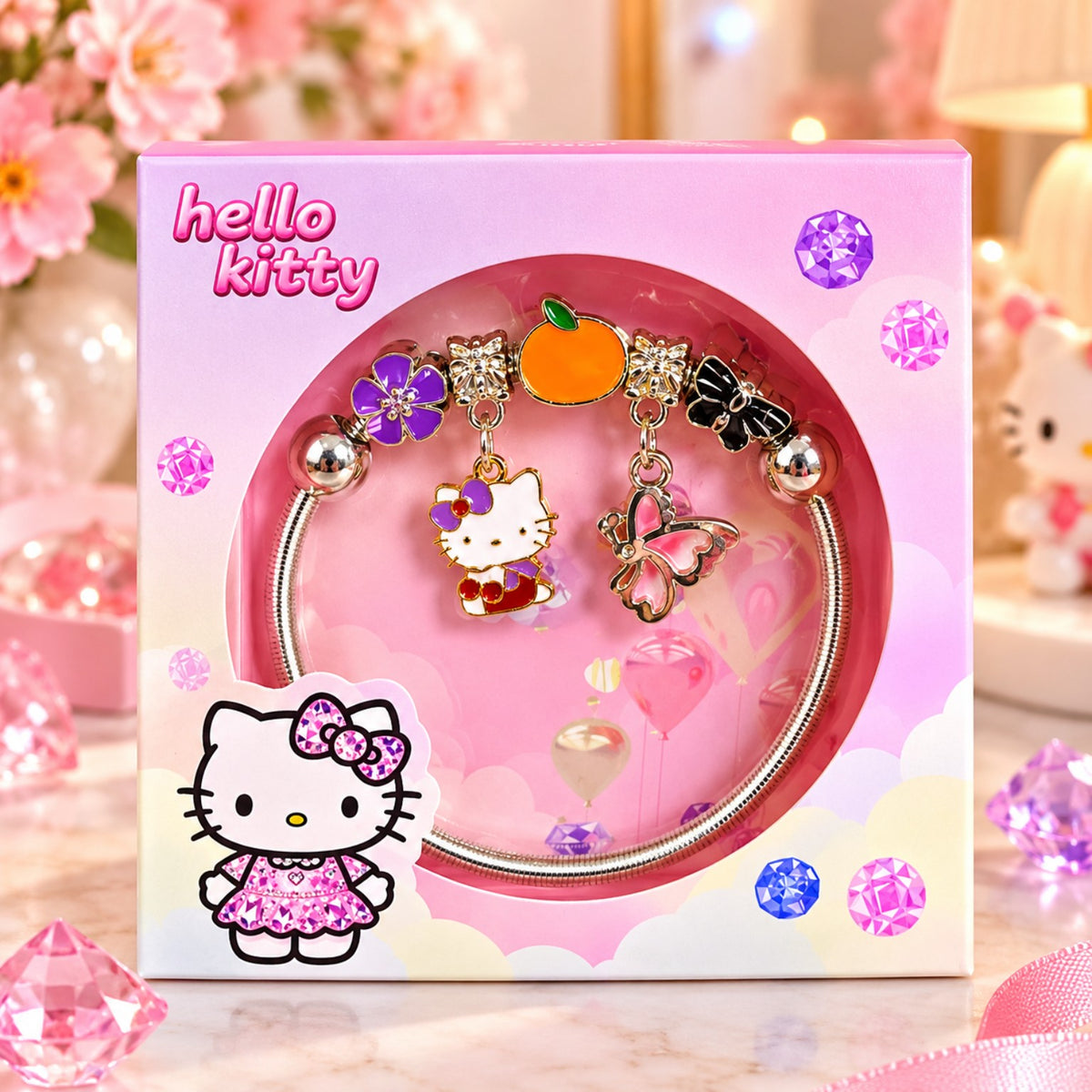 Orange charm Hello Kitty bracelet in pink gift box