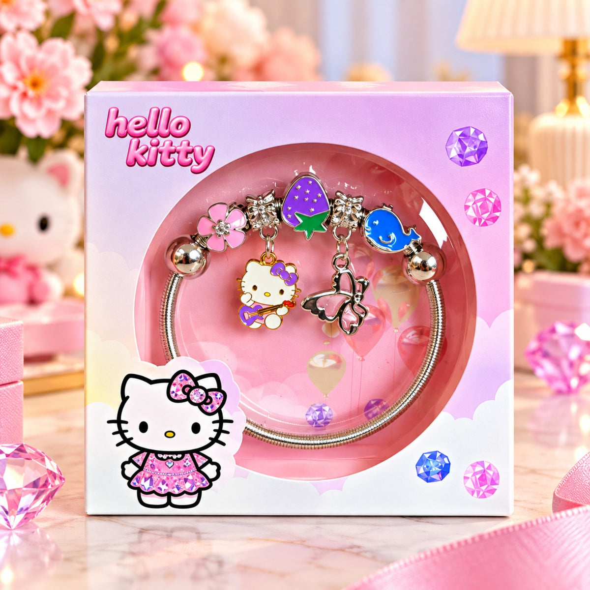 Purple fruit charm Hello Kitty bracelet in pink gift box