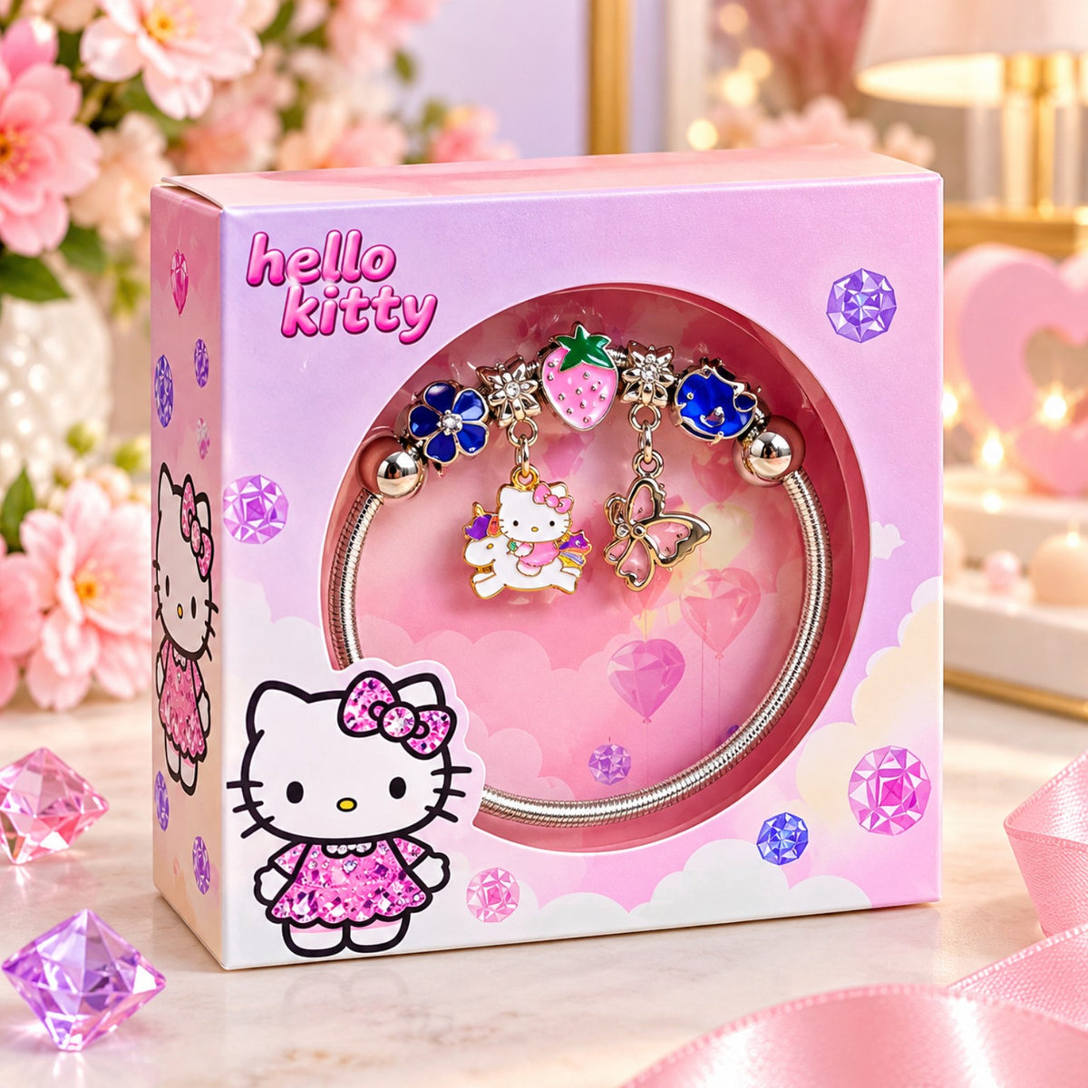 Strawberry charm Hello Kitty bracelet in pink gift box