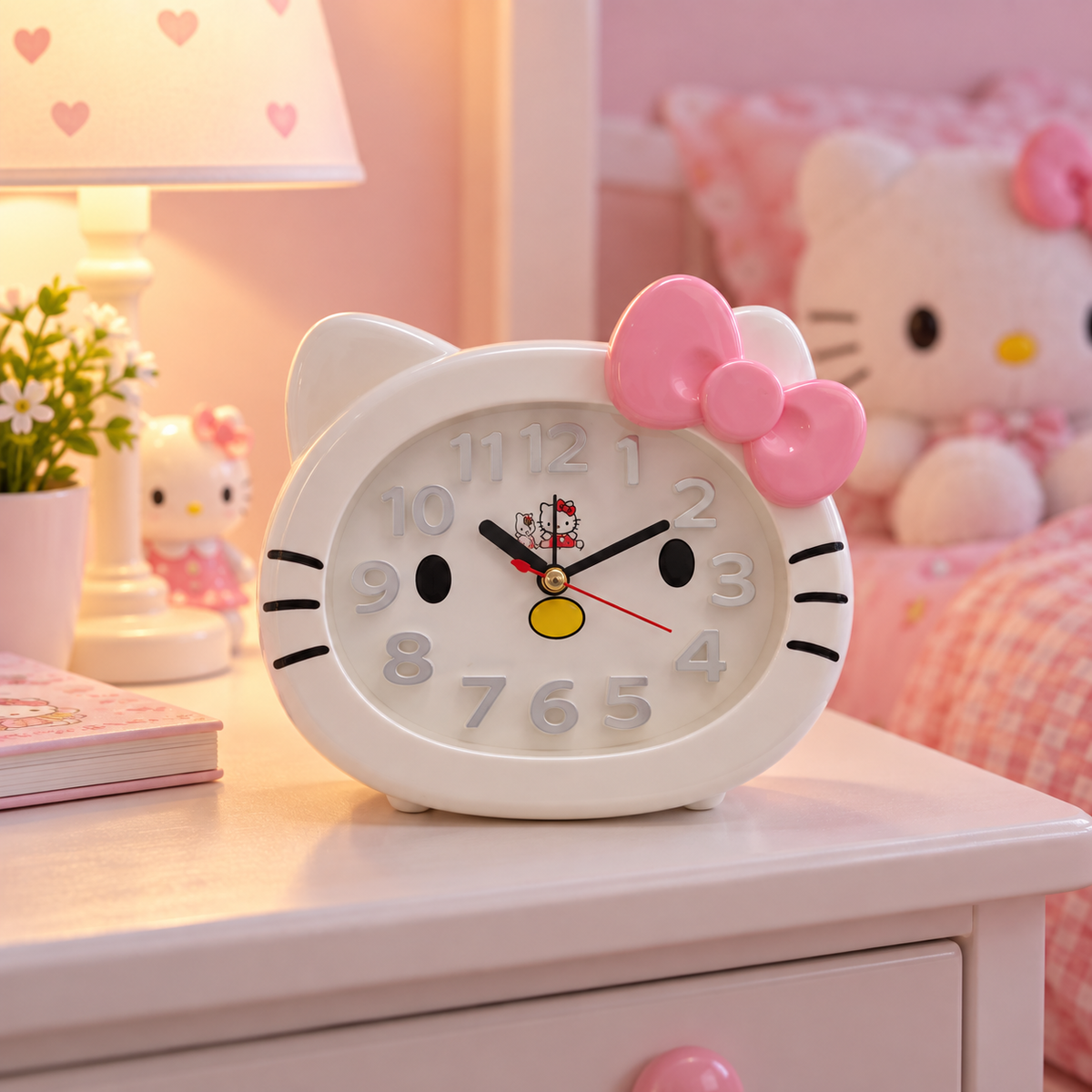 Hello Kitty analog clock in a pink bedroom setting