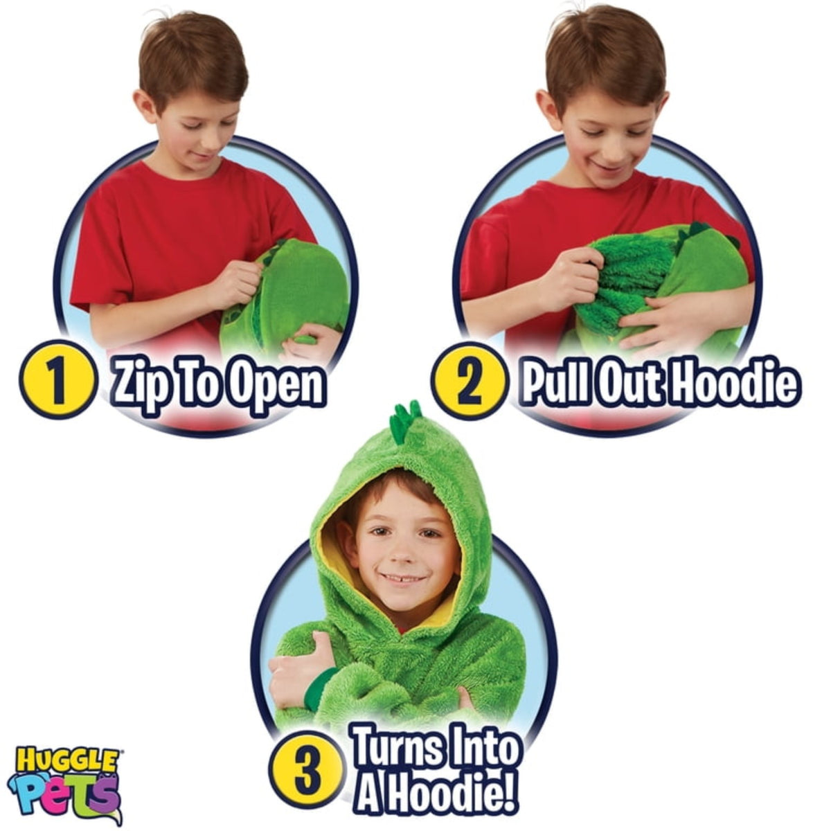 Huggle Pets Green Dinosaur hoodie transformation steps