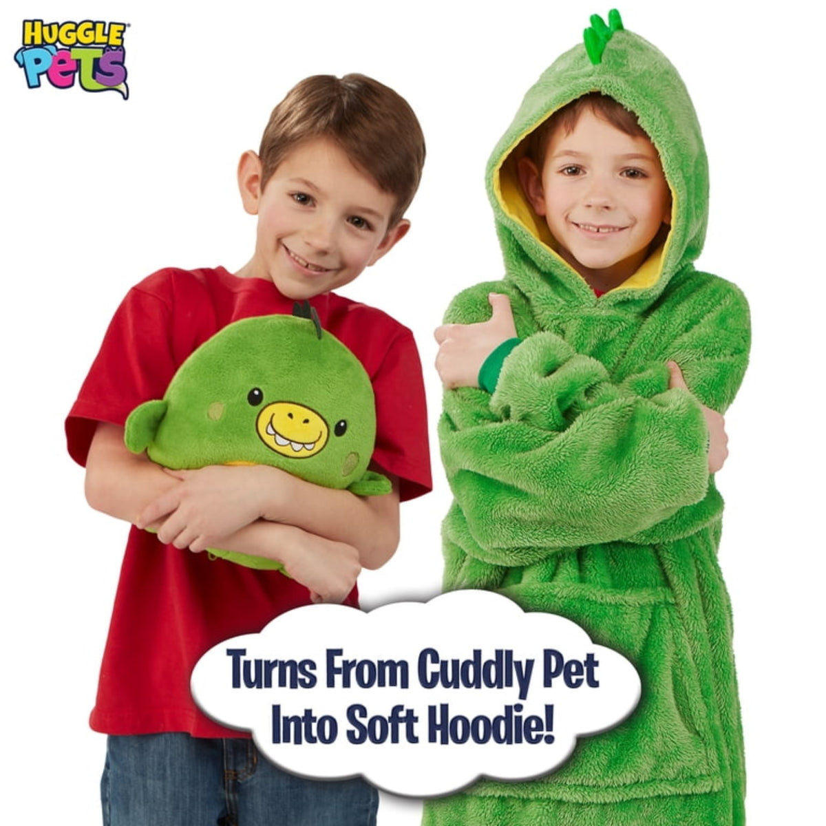Huggle Pets Green Dinosaur plush and hoodie on child