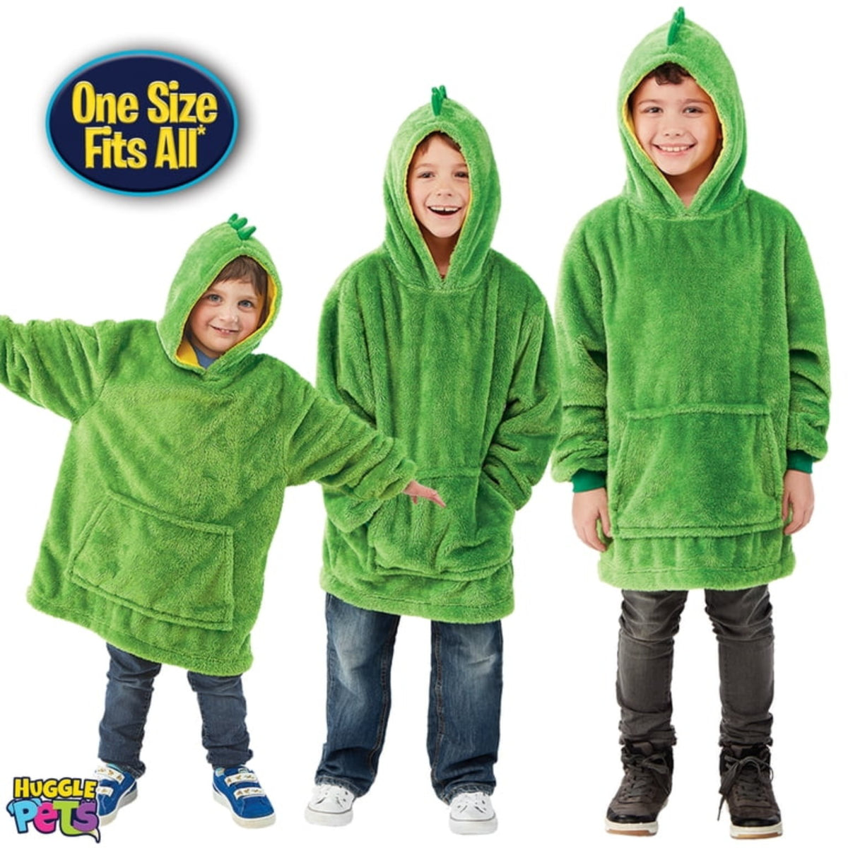 Huggle Pets Green Dinosaur one size fit shown on different ages