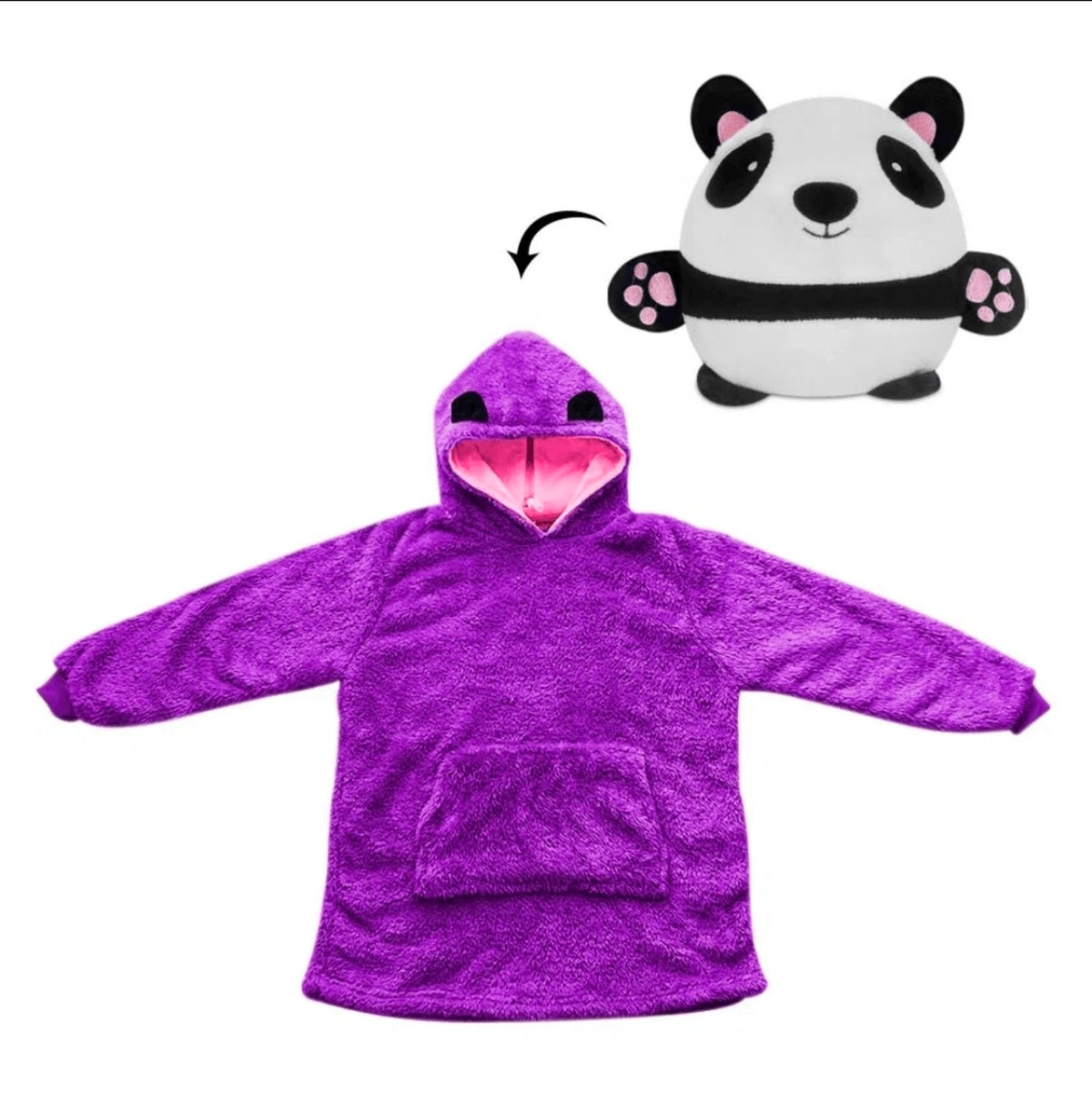 Huggle Pets Panda plush transforming into purple hoodie