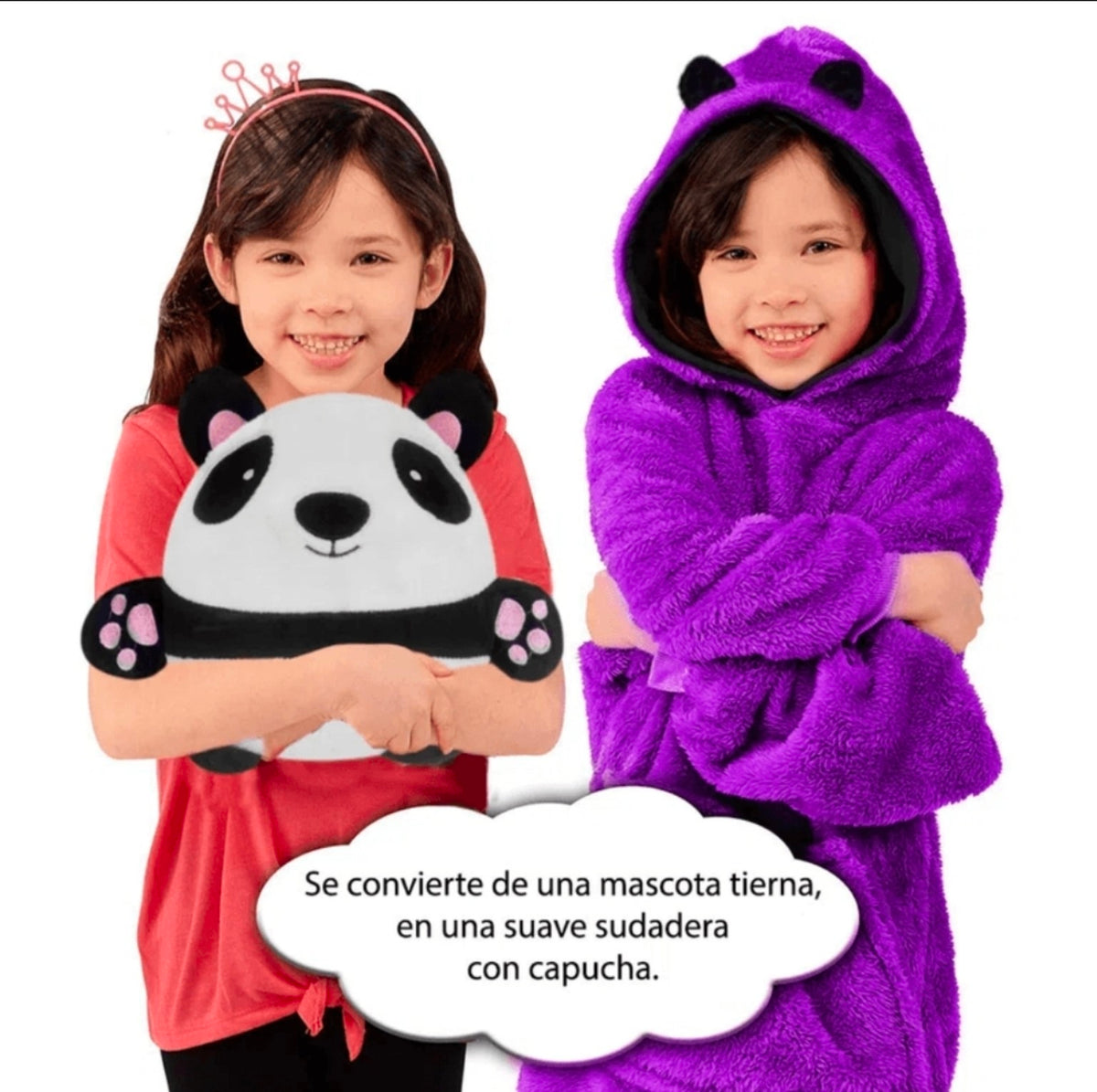 Huggle Pets Panda plush and purple hoodie on child