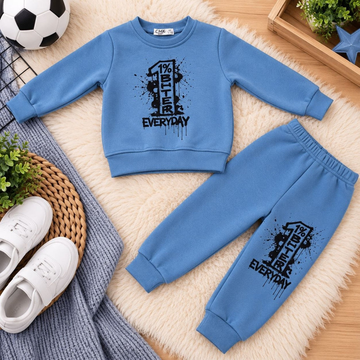 1% Better Everyday blue two piece fleece boys outfit laid flat