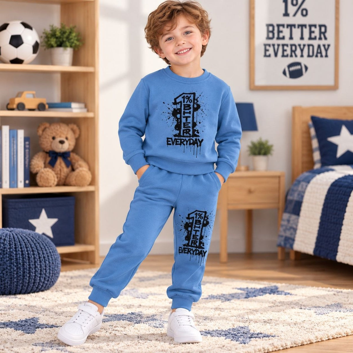 Boys blue Better Everyday warm sweatshirt and joggers modeled outfit