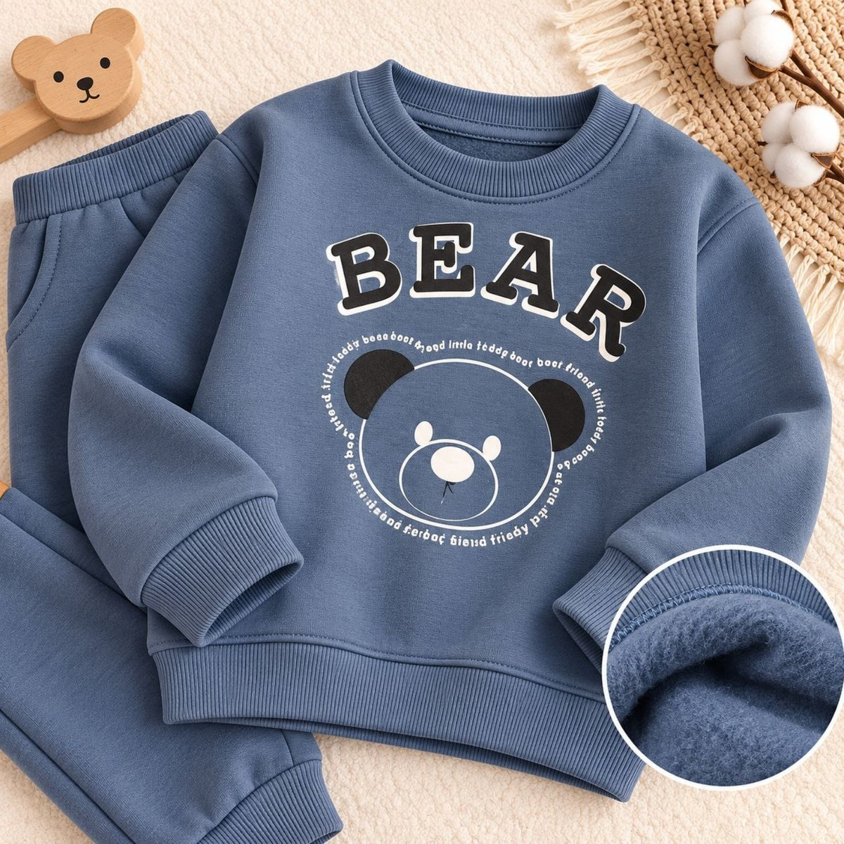 Close up Bear graphic and cozy fleece-lined material
