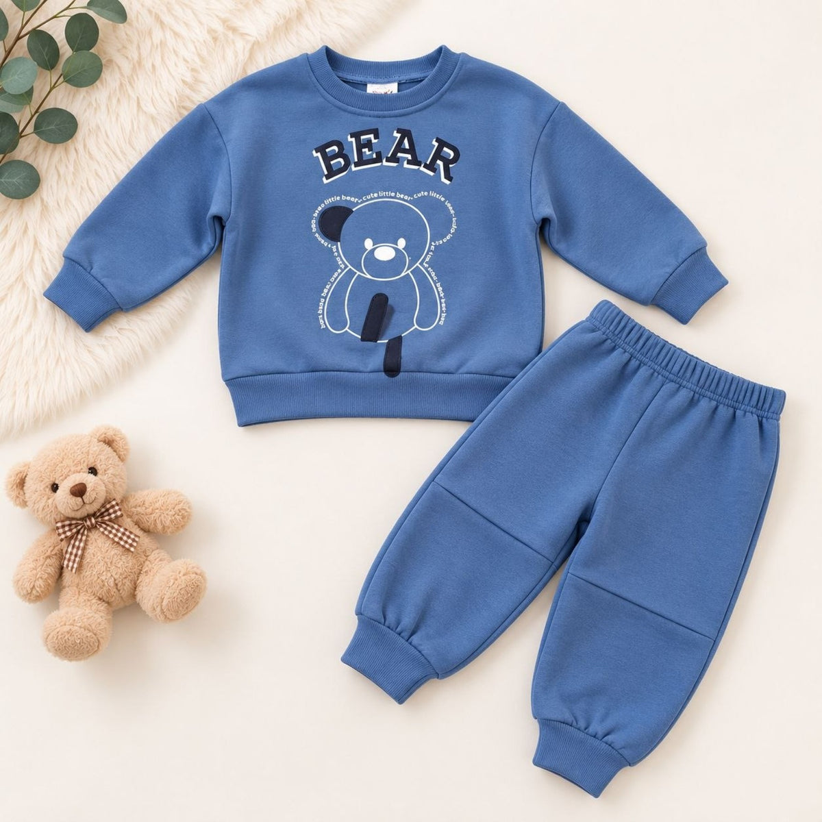 Blue Bear two piece boys sweatshirt and jogger pants flat lay