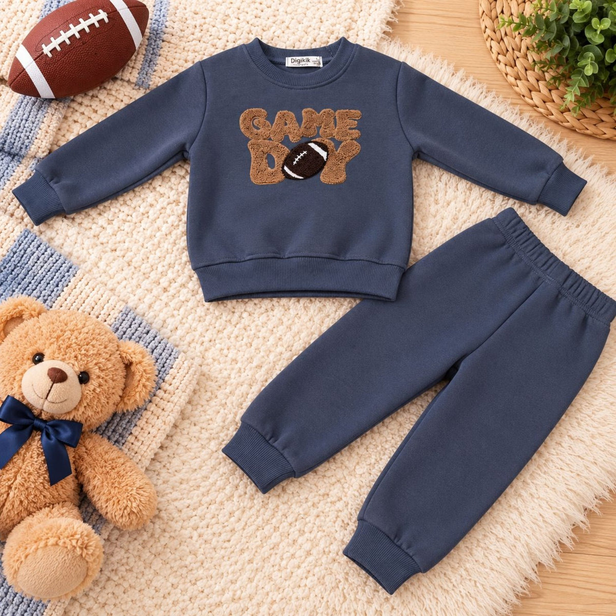 Navy blue two piece Game Day football boys sweatshirt and jogger pants flat lay