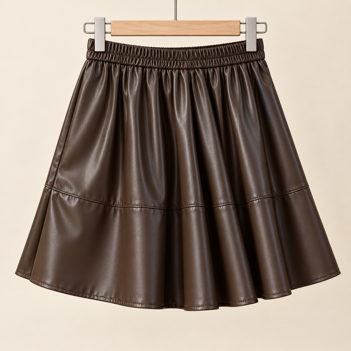 Chocolate brown PU faux leather flared A-line mini skirt with elastic waistband, main product view