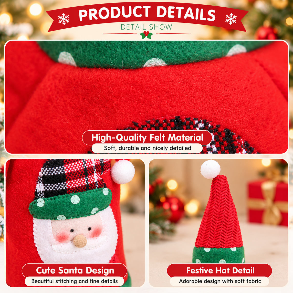 Christmas bottle cover fabric and Santa hat detail photos