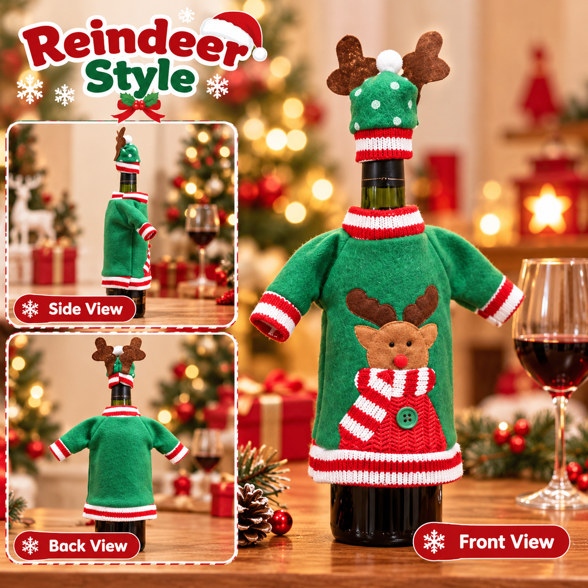 Reindeer Christmas bottle cover with matching hat, front, side and back