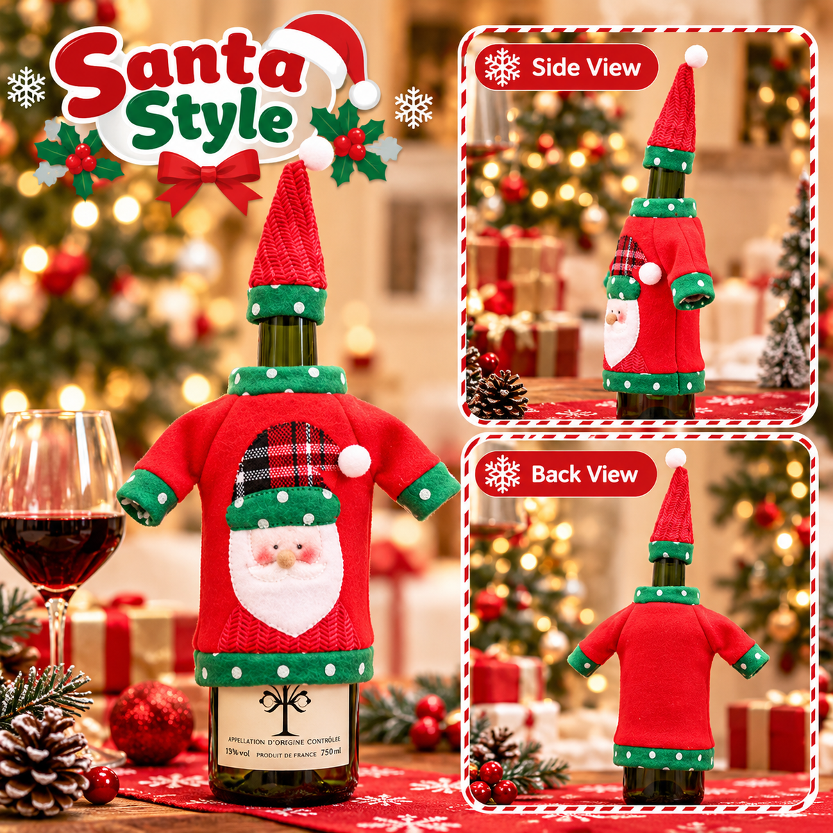 Santa Christmas bottle cover with matching hat, front, side and back