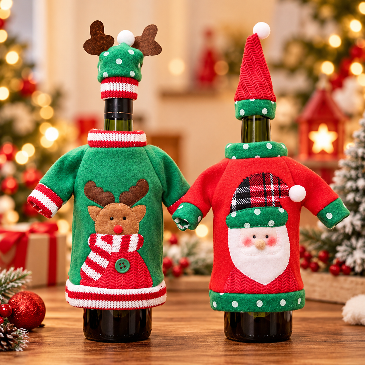 Christmas bottle sweater and hat covers in two designs, Santa and Reindeer