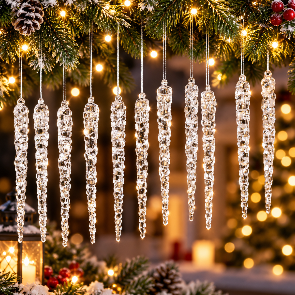Transparent crystal-look Christmas icicle hanging ornaments - 12-piece set