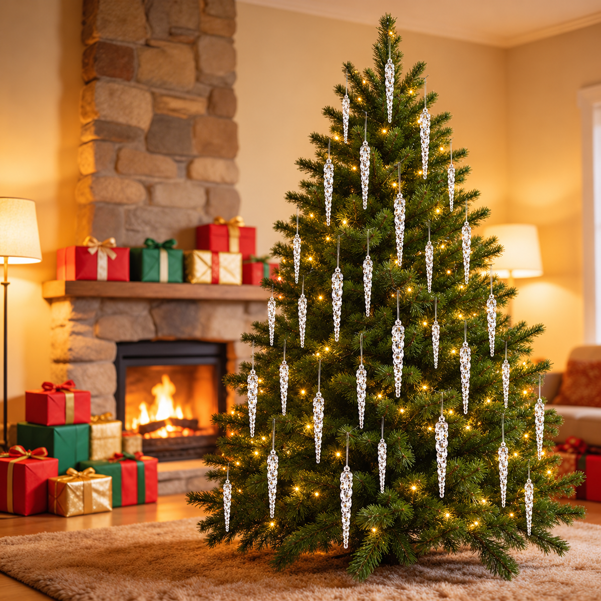 Clear icicle decorations hanging on Christmas tree in warm living room