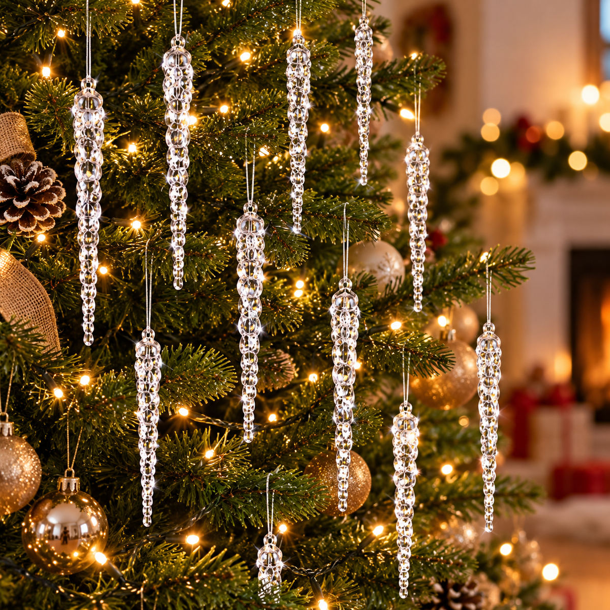 Close up transparent icicle ornaments hanging from Christmas tree branches