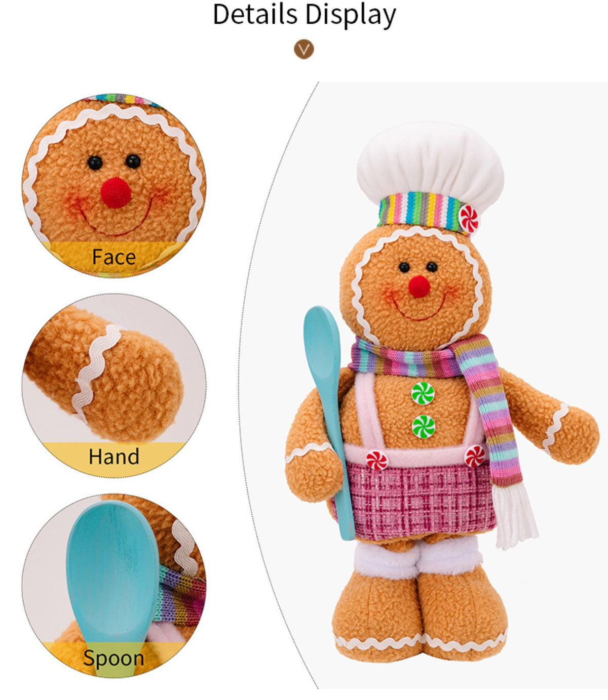 Gingerbread chef plush doll details including face hat and spoon