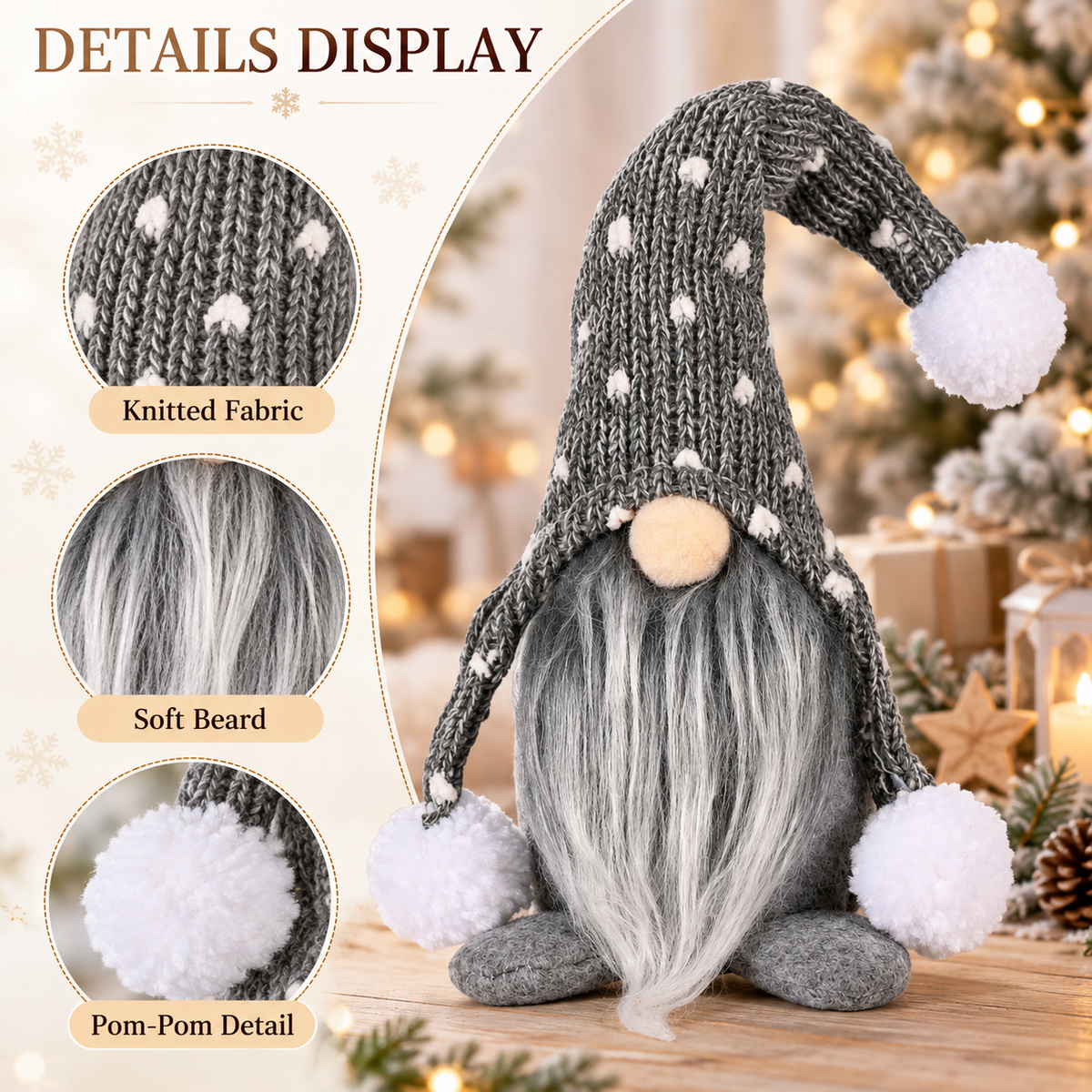 Grey Christmas gnome close-up details