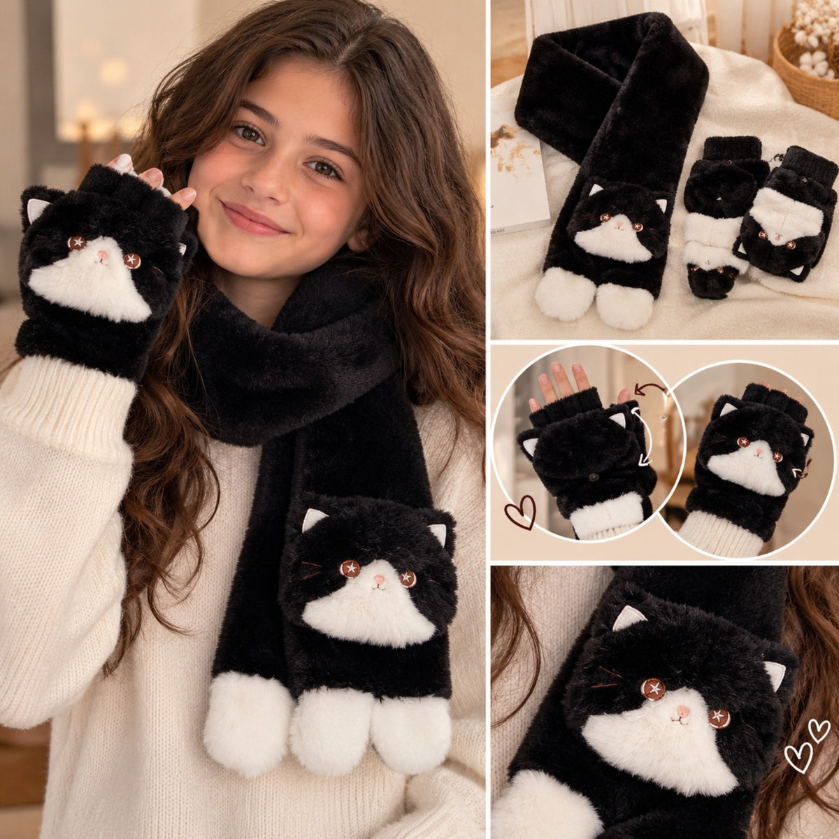 Black cat scarf and convertible mittens worn by girl, product overview and details