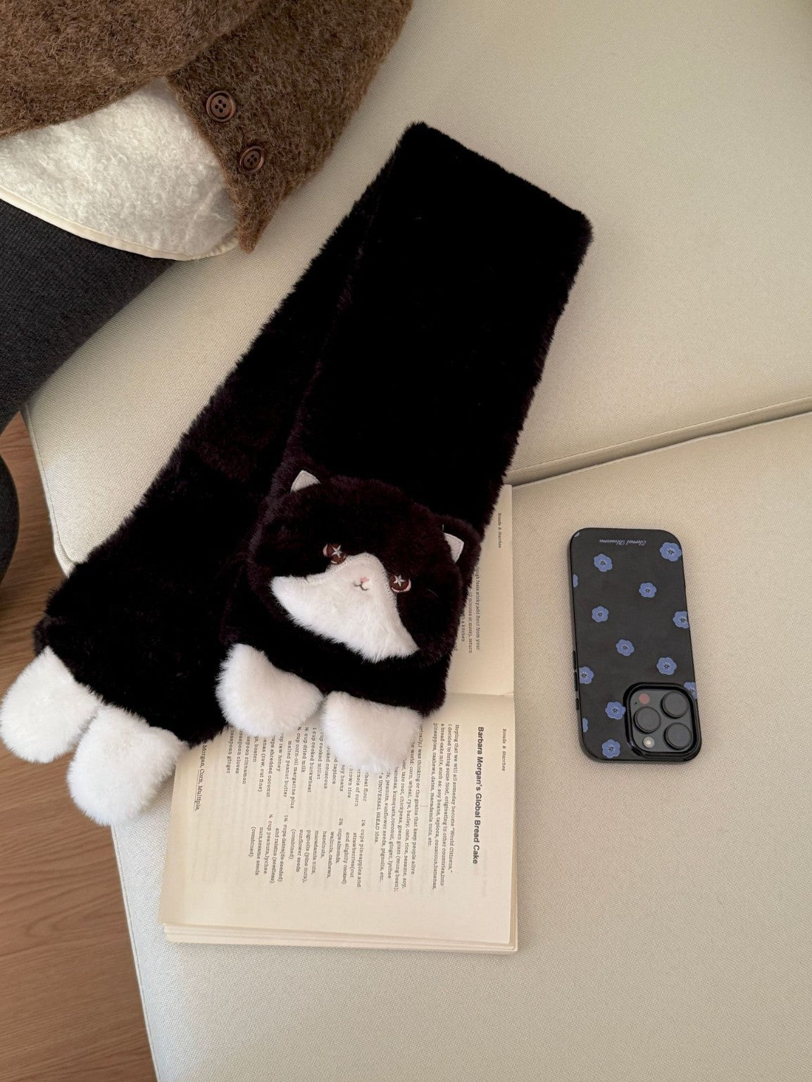 Full soft black cat scarf with plush cat face and white paws