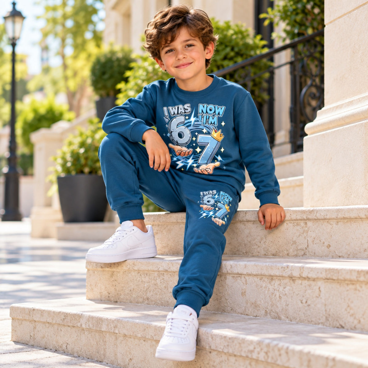 Boy sitting on stone steps in matching blue 7th birthday sweatshirt and joggers set