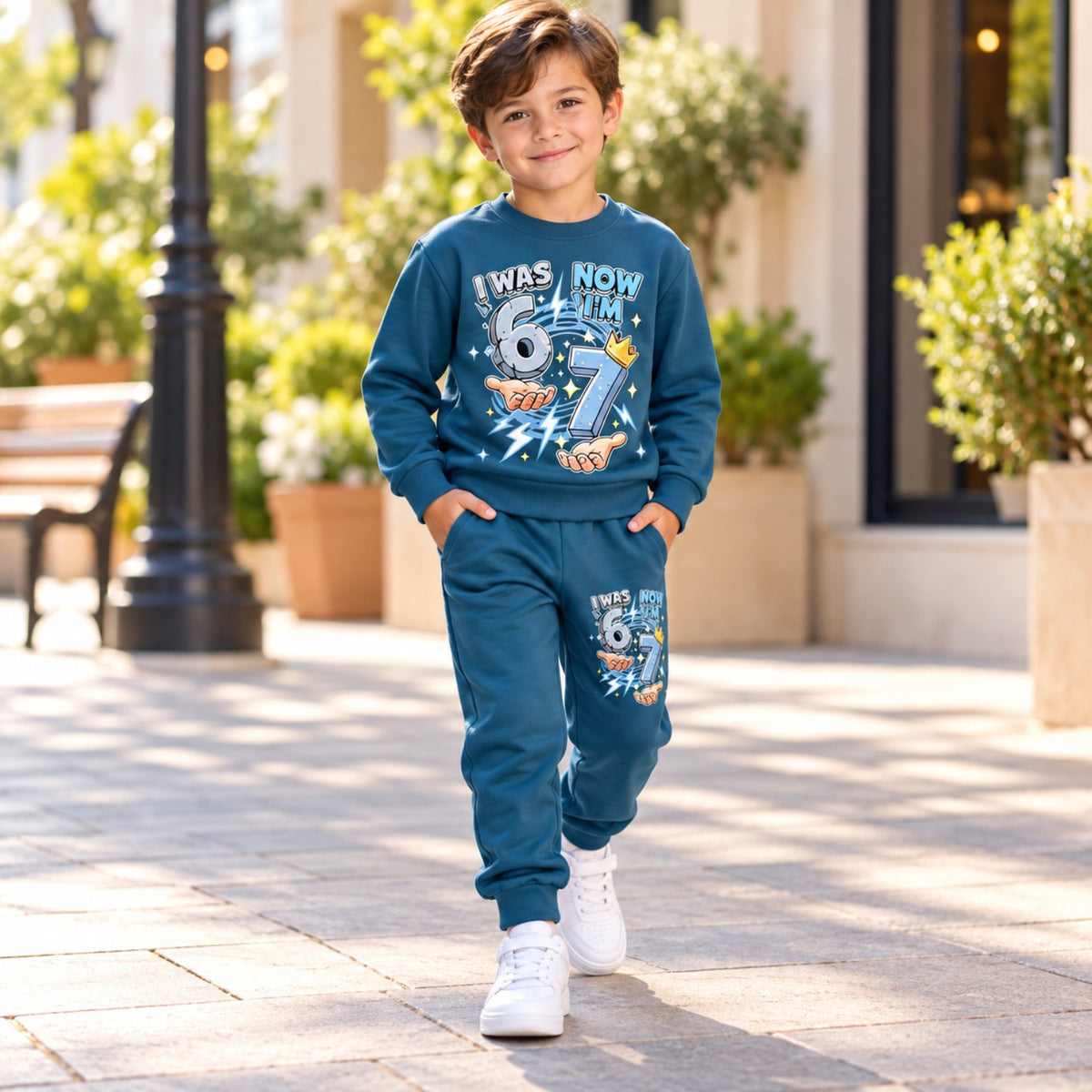 Blue 7th birthday boys tracksuit with ribbed cuffs and printed joggers, lifestyle view