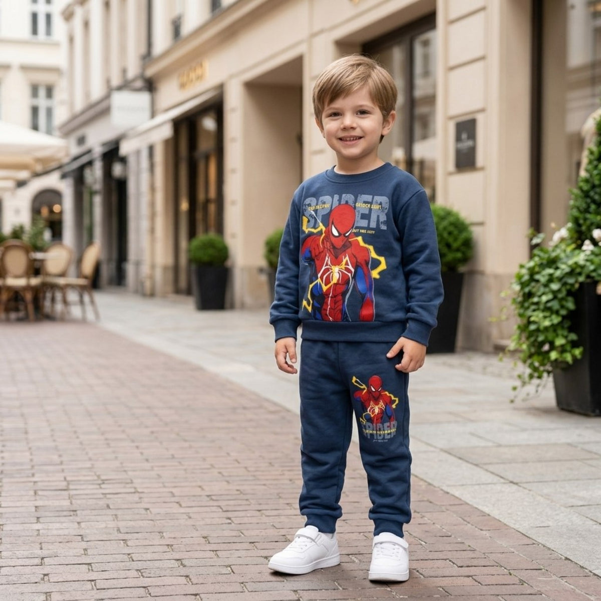 Boy wearing navy Spider-Man 3-thread cotton outfit on an outdoor pedestrian street