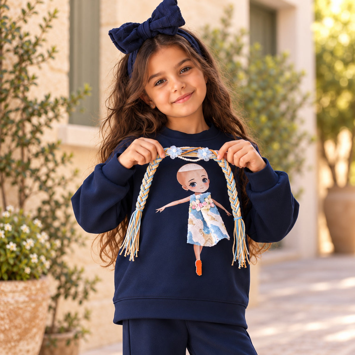 Close view of girl holding detachable multicolour doll hair braids