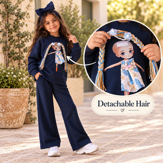 Navy sweatshirt outfit showing removable braided doll hair in an inset