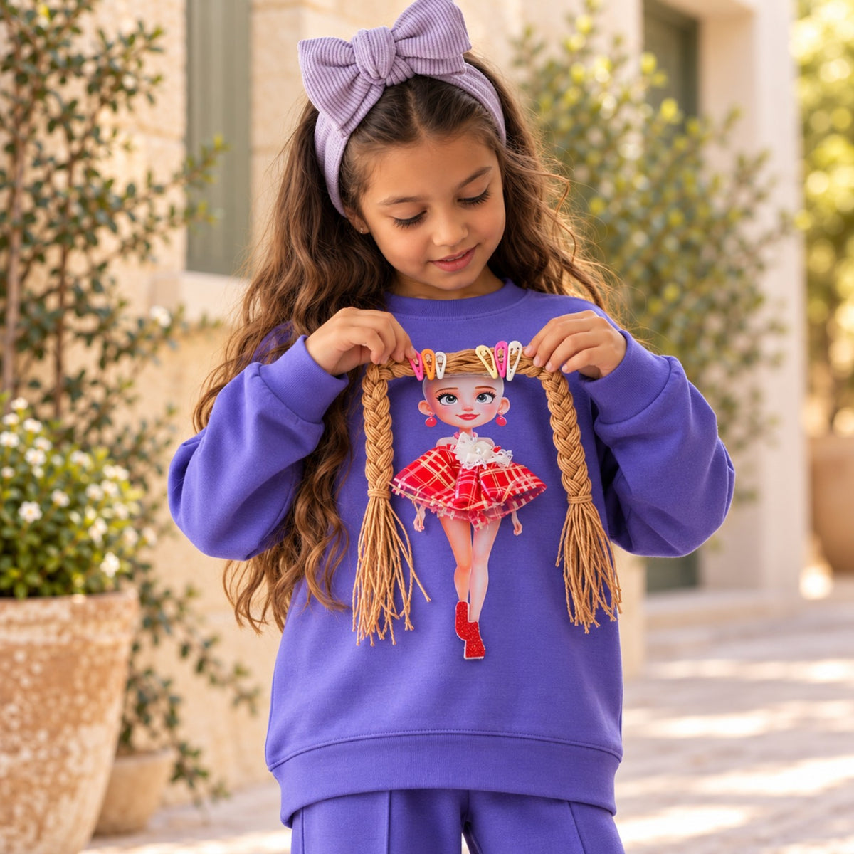 Girl showing removable braided yarn doll hair with colourful hair clips on purple sweatshirt