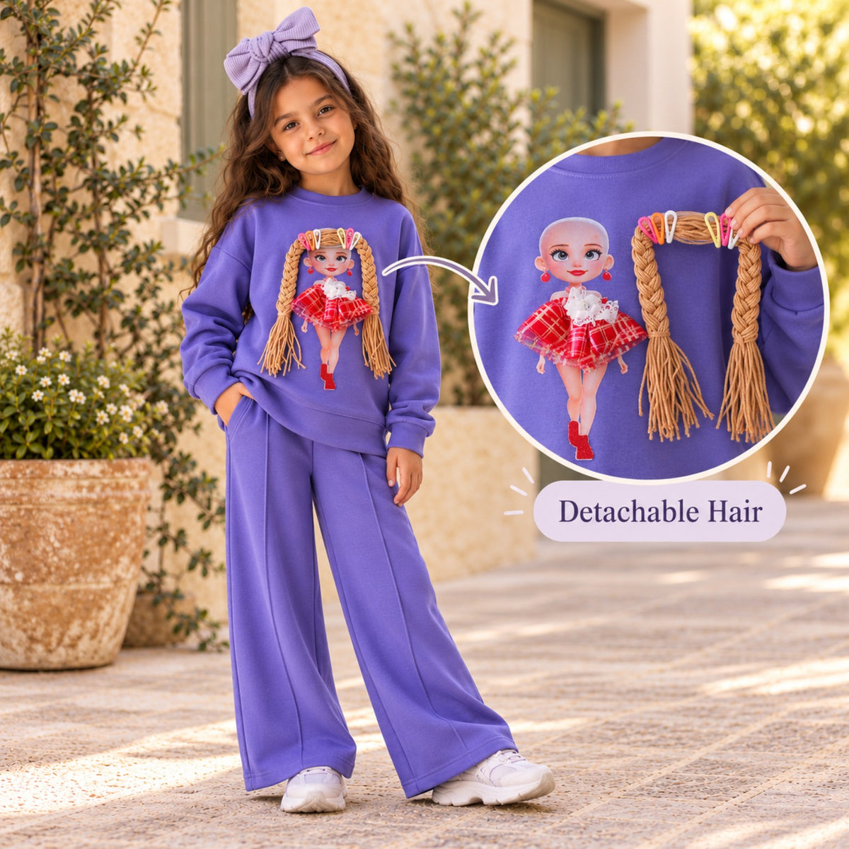 Purple doll outfit featuring close-up illustration of detachable braided hair