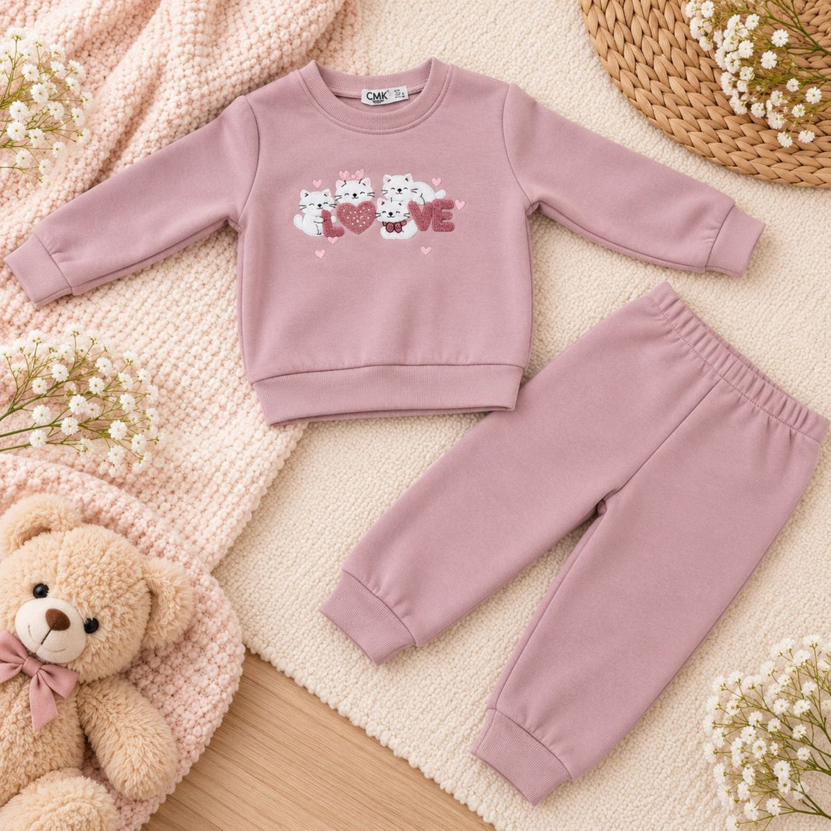 Dusty rose Love Cats girls two-piece sweatshirt and joggers set laid flat