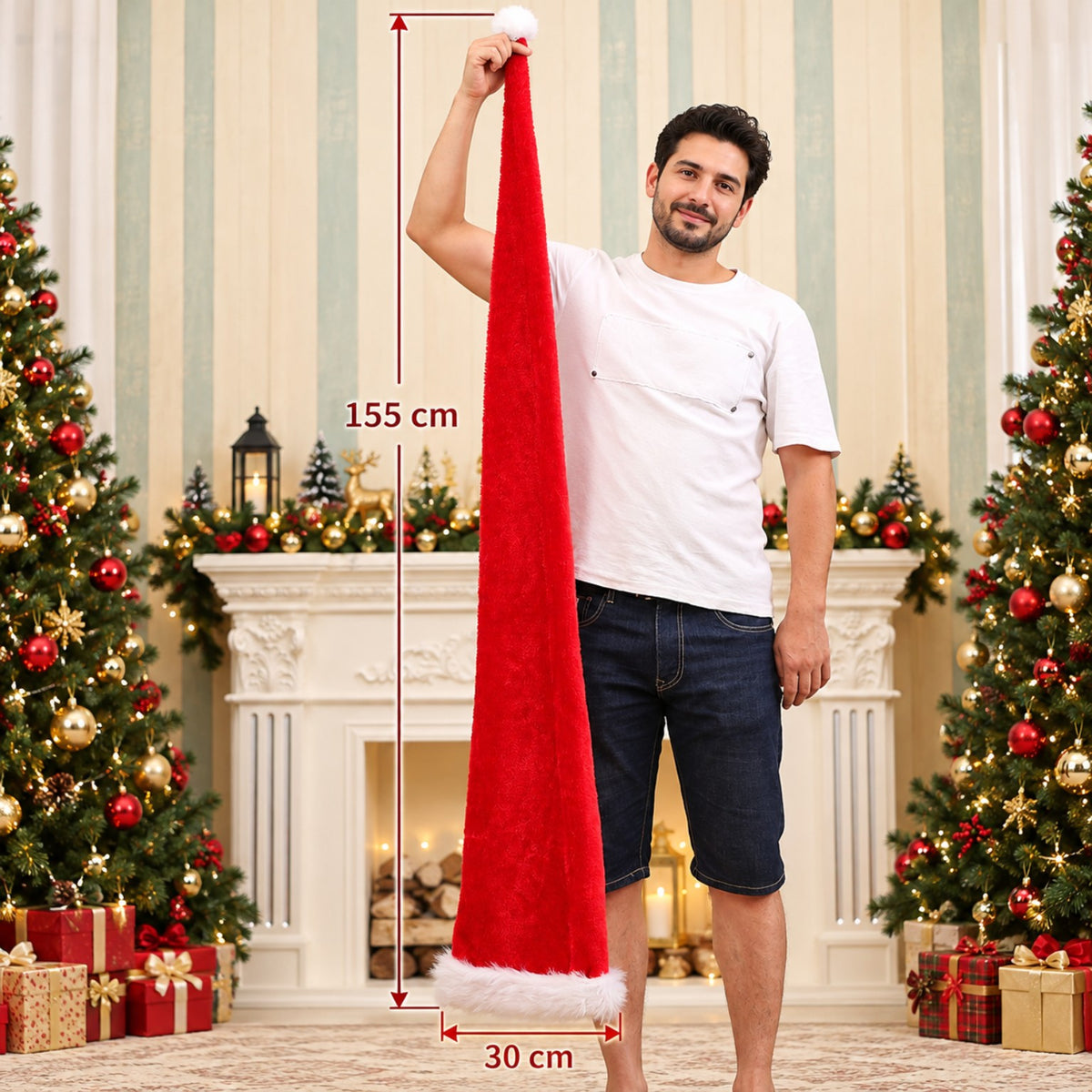 155 cm Christmas Santa hat dimensions: 30 cm wide brim