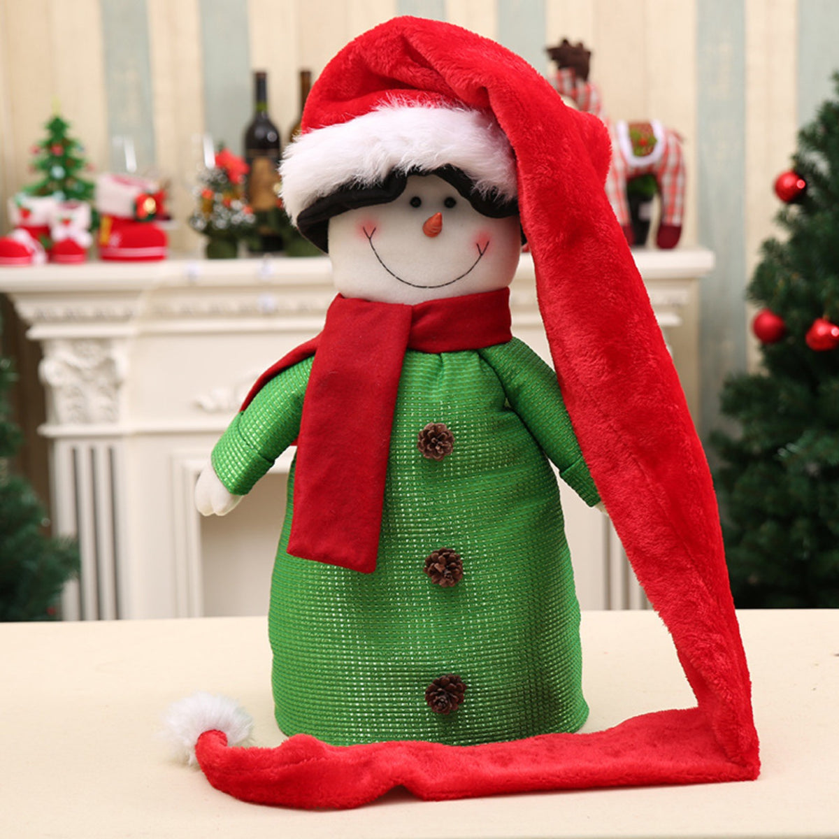 Extra-long red Santa hat used for festive snowman decor