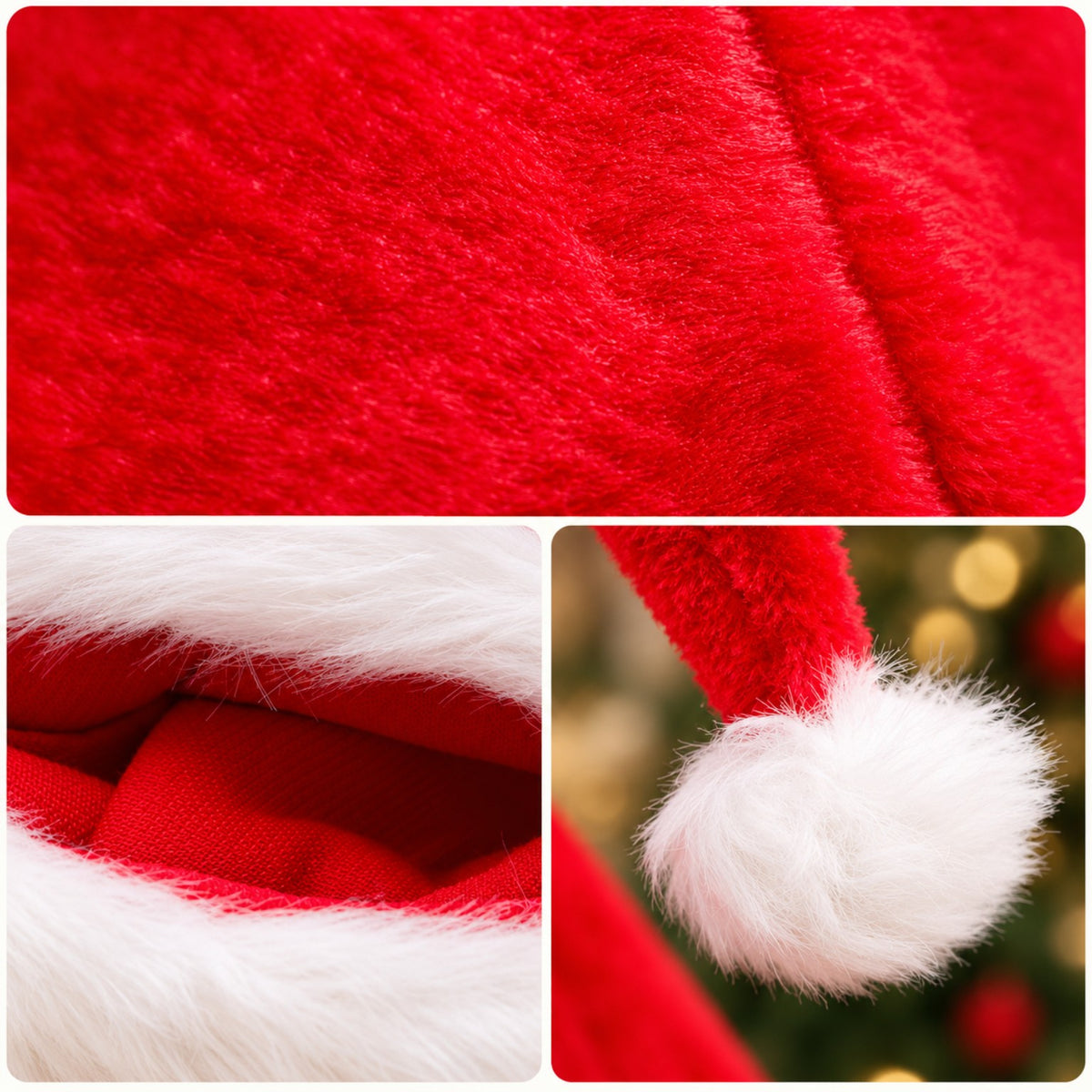 Soft red plush fabric and fluffy white faux-fur Santa hat details