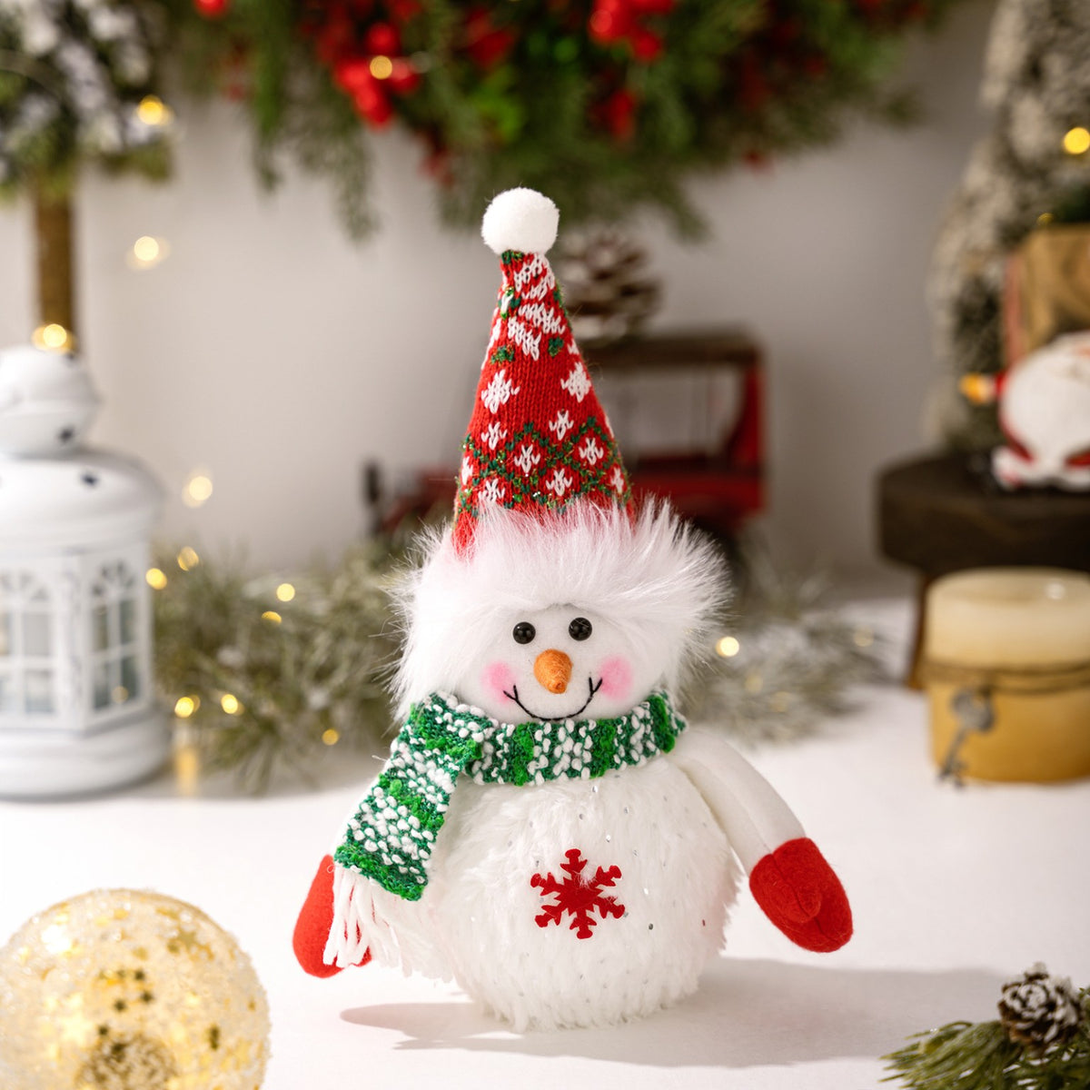 Unlit white Christmas snowman with green scarf and red mittens